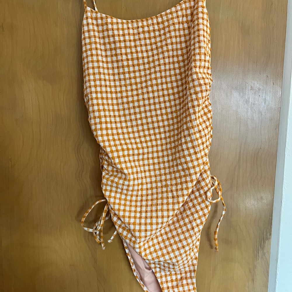Madewell Swimsuit WMNS M Orange Gingham Cinched Drawstring One-Piece Check